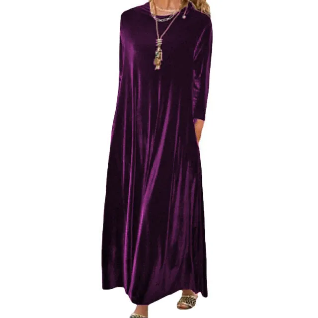 Spring Gold Velvet Slimming Crew Neck Maxi Dress