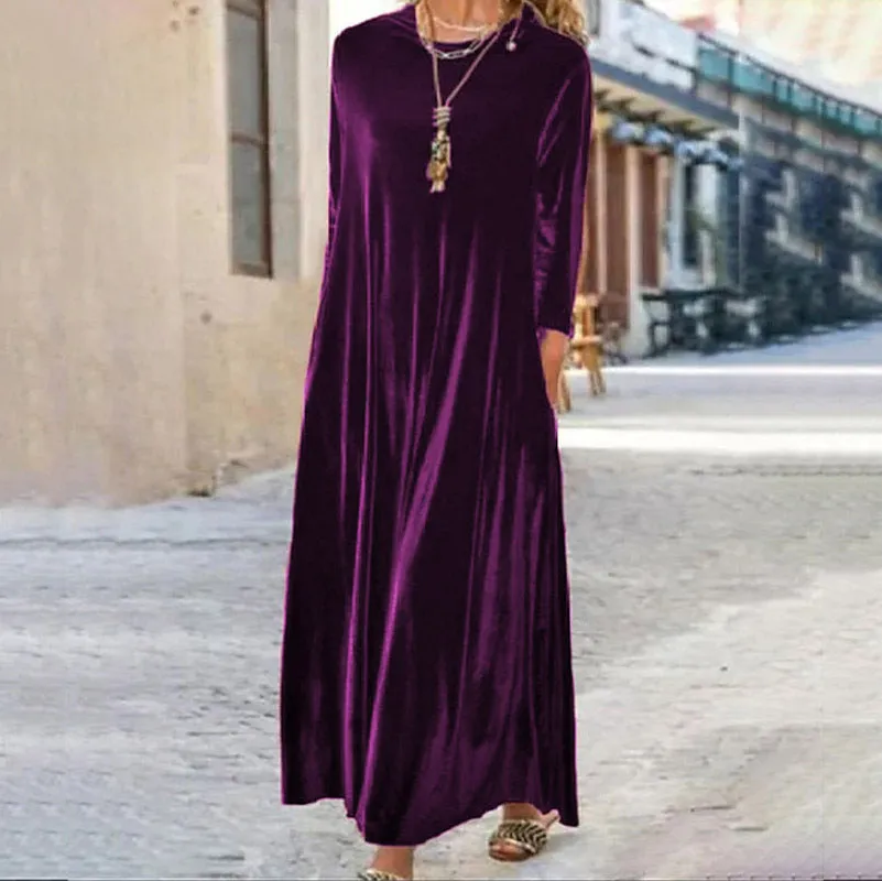 Spring Gold Velvet Slimming Crew Neck Maxi Dress