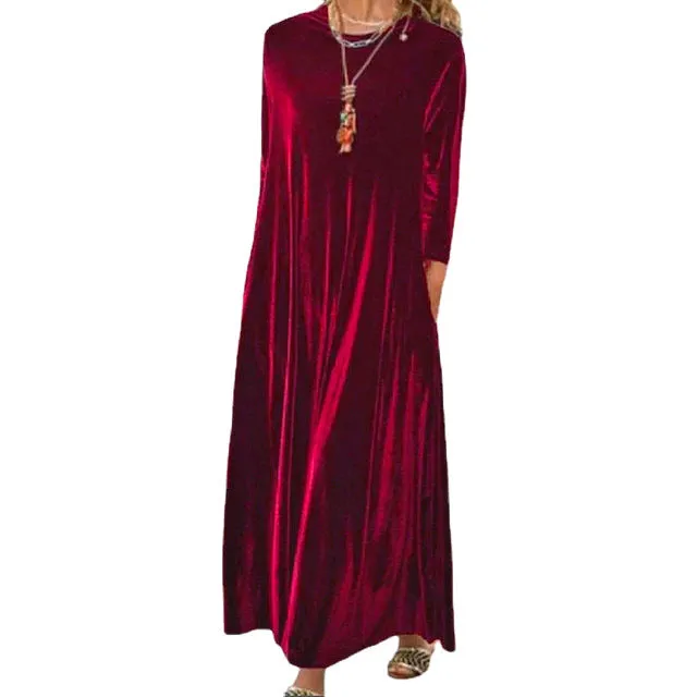 Spring Gold Velvet Slimming Crew Neck Maxi Dress