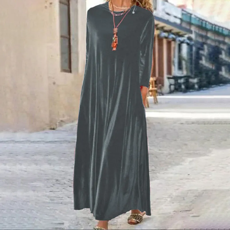 Spring Gold Velvet Slimming Crew Neck Maxi Dress