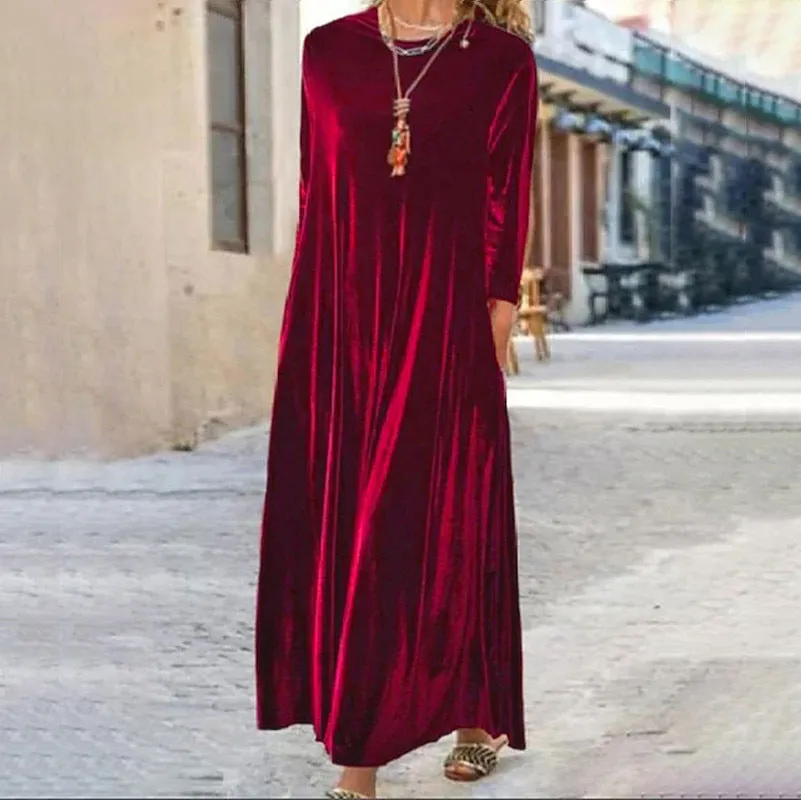 Spring Gold Velvet Slimming Crew Neck Maxi Dress