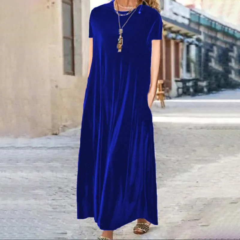 Spring Gold Velvet Slimming Crew Neck Maxi Dress