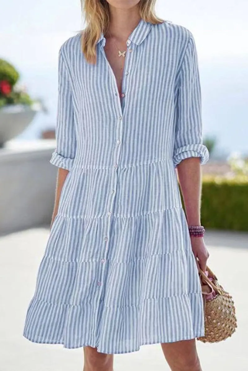 Street Elegant Geometric Draw String Turndown Collar Shirt Dress Dresses