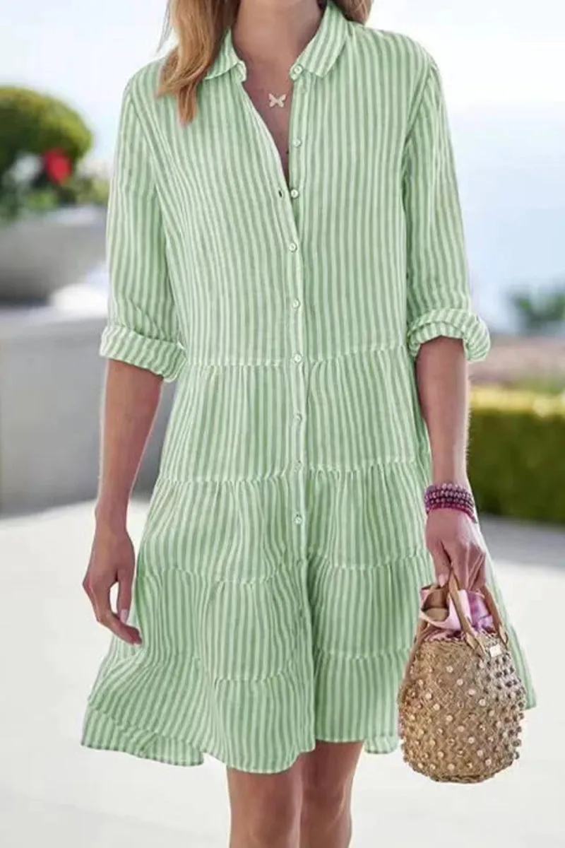 Street Elegant Geometric Draw String Turndown Collar Shirt Dress Dresses