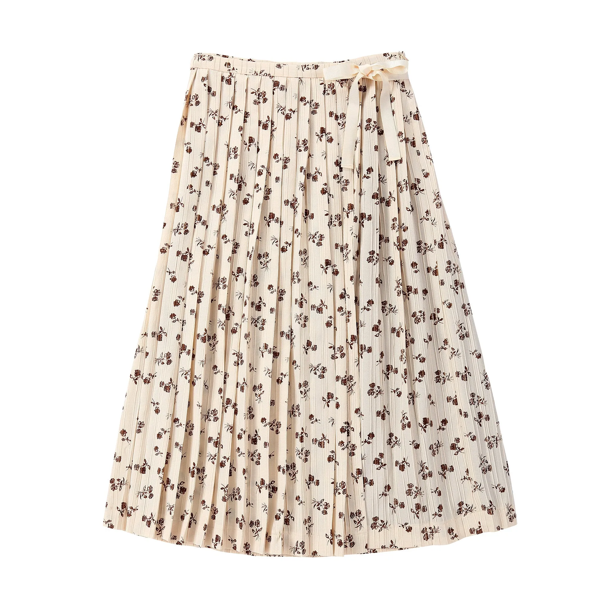 Tan Floral Pleated Wrap Maxi Skirt