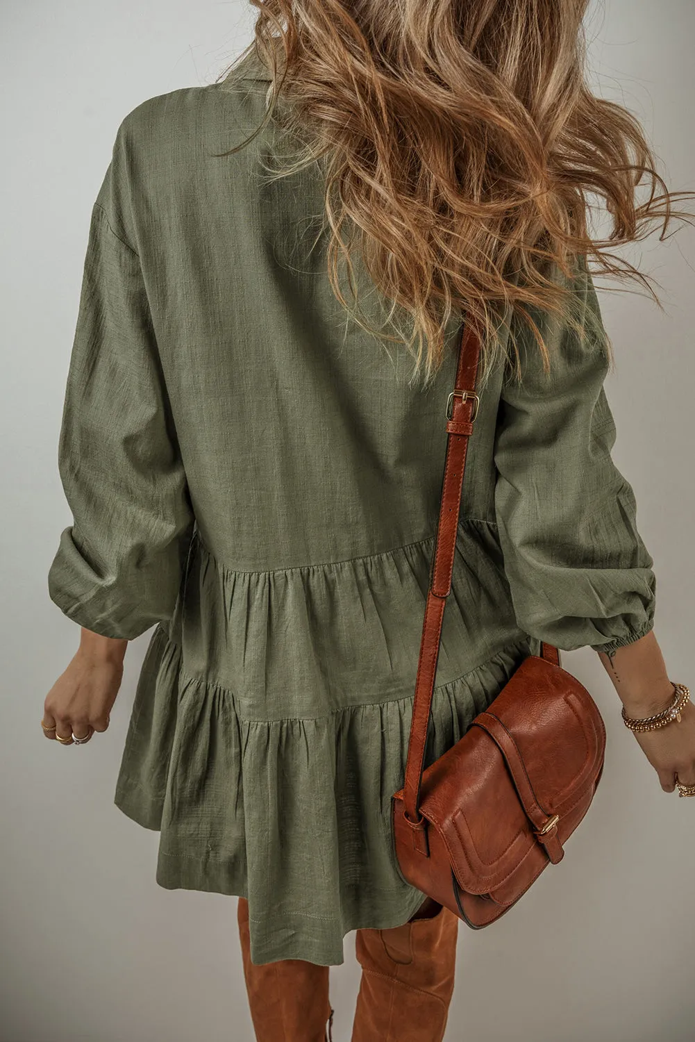 Tan Puff Sleeve Buttoned Tiered Pleated Mini Shirt Dress