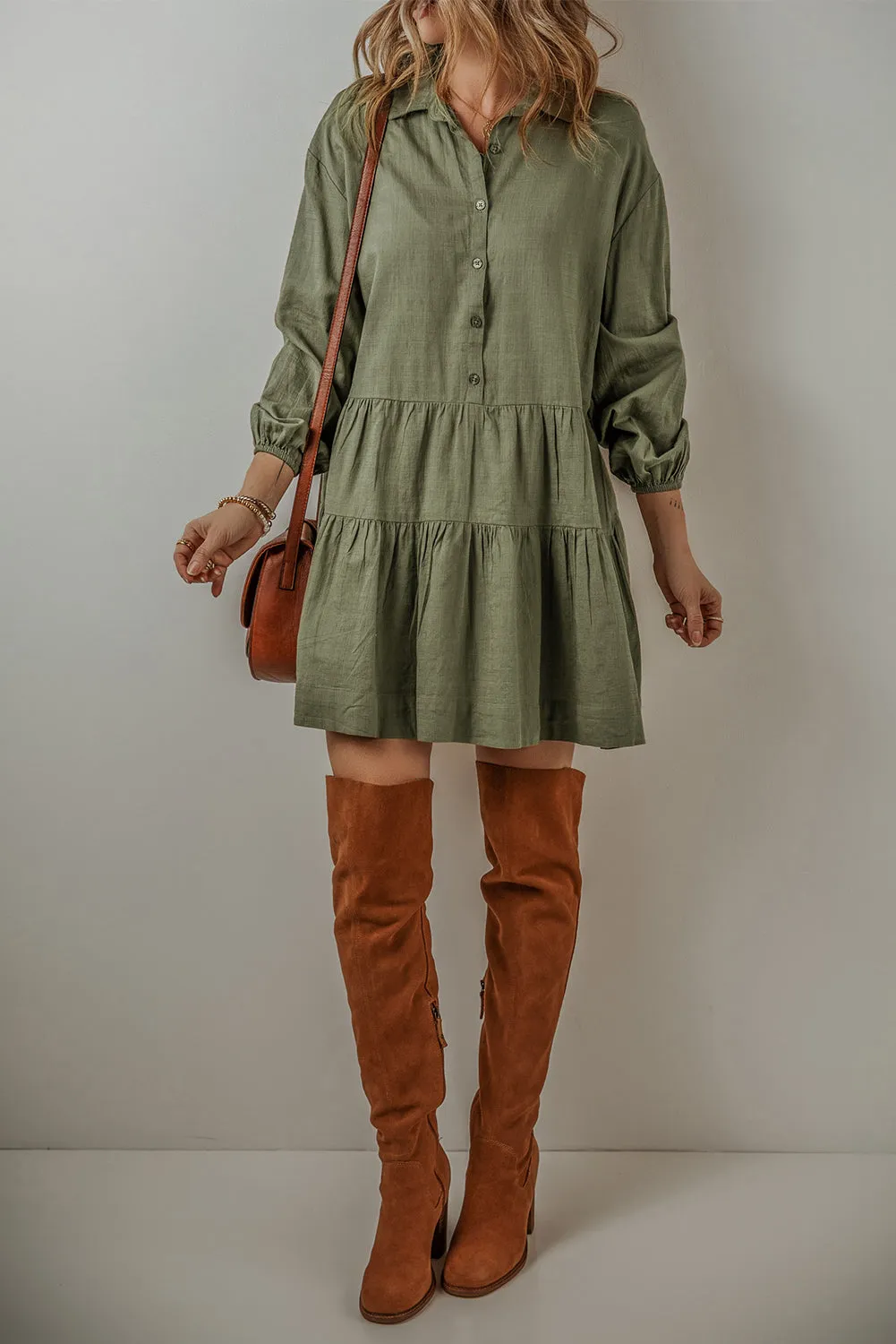 Tan Puff Sleeve Buttoned Tiered Pleated Mini Shirt Dress