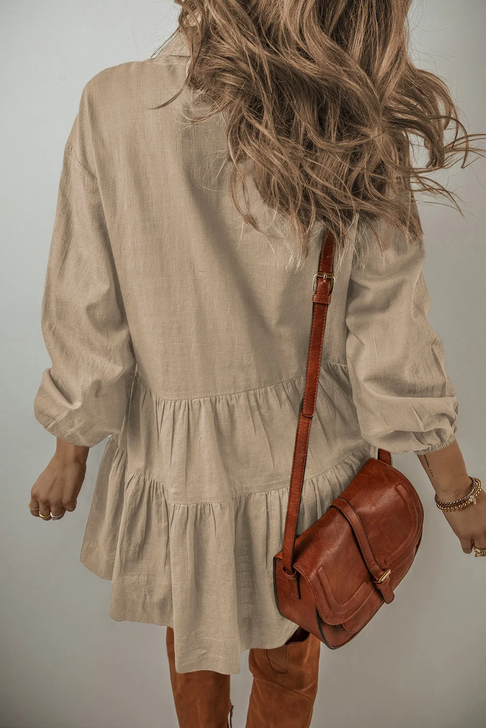 Tan Puff Sleeve Buttoned Tiered Pleated Mini Shirt Dress