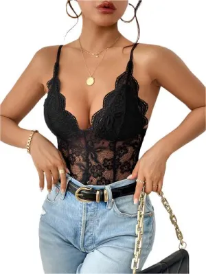 TEEK - Black Lace V-Neck Spaghetti Strap Bodysuit