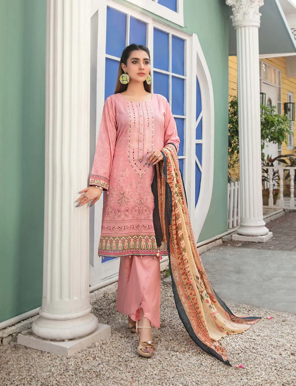 Tehzeeb Lawn by Tawakkal Pakistani Suit Set Pink