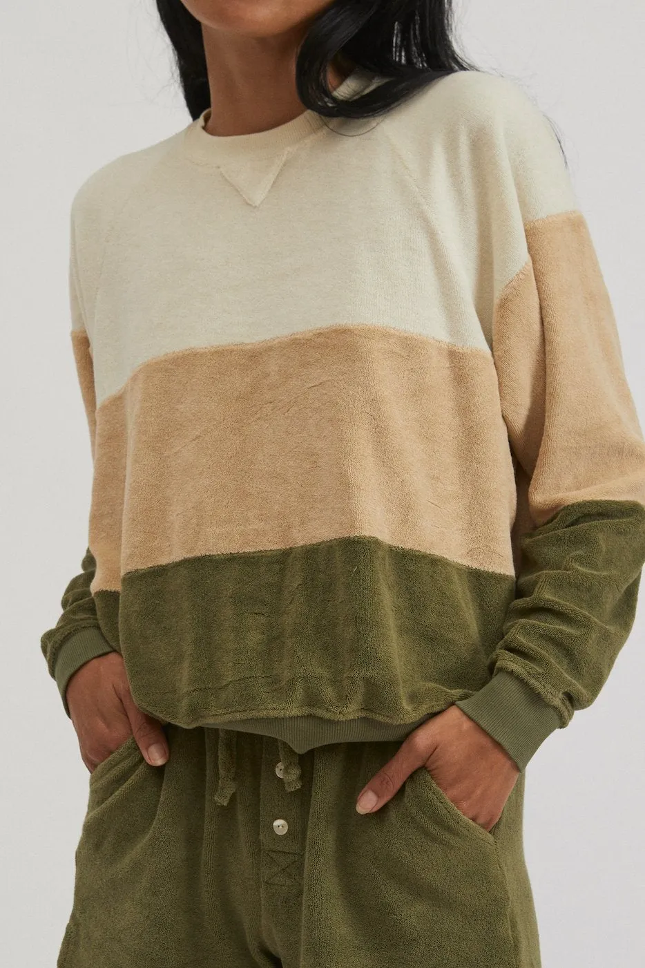 Terry Tri-Crew Sweatshirt, Creme/Latte/Basil