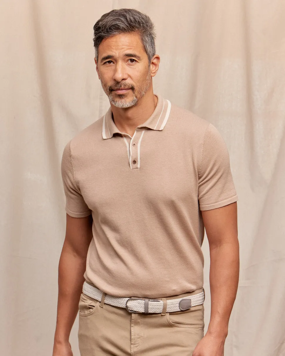 The Callum - Supima Cotton SS Knit Polo - Tan/Ivory