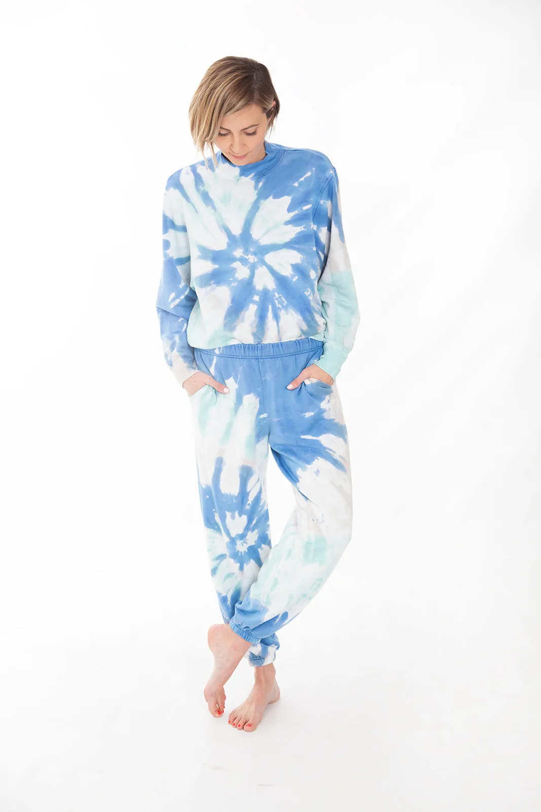 Tie Dye Viscose Fleece Mock-Neck Sweatshirt, Atlantic