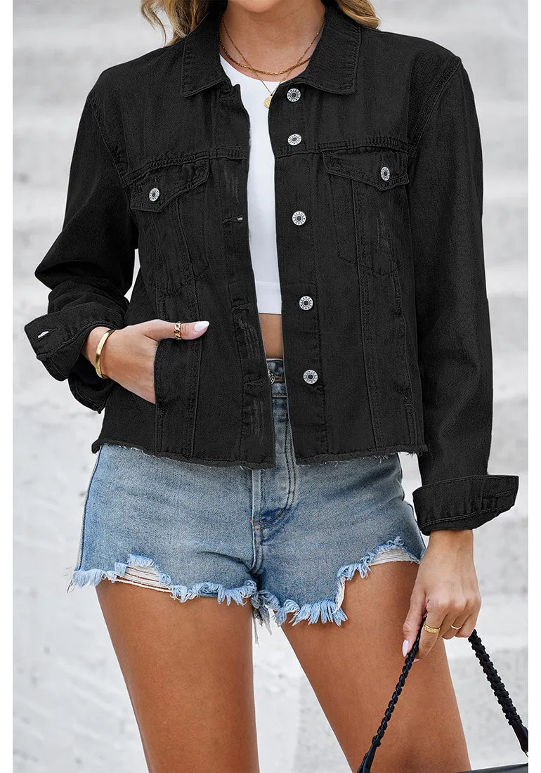 True Black Acid Washed Women's Denim Frayed Hem Button Up Distressed Jackets