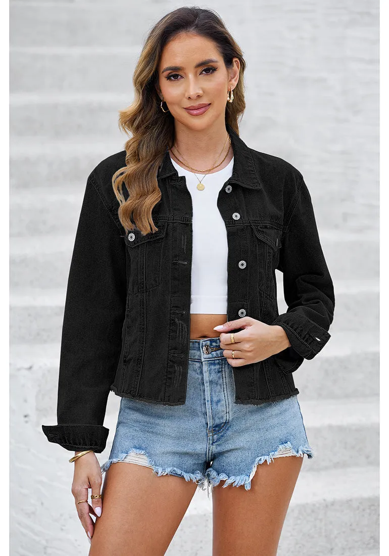 True Black Acid Washed Women's Denim Frayed Hem Button Up Distressed Jackets