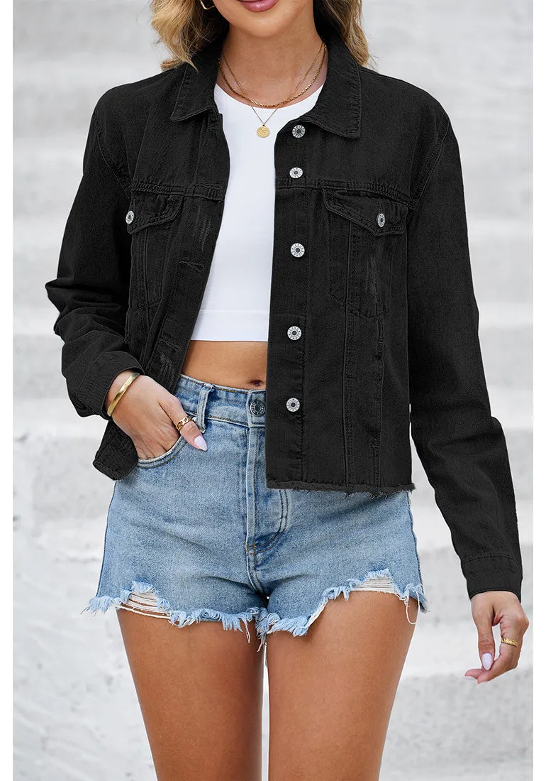 True Black Acid Washed Women's Denim Frayed Hem Button Up Distressed Jackets