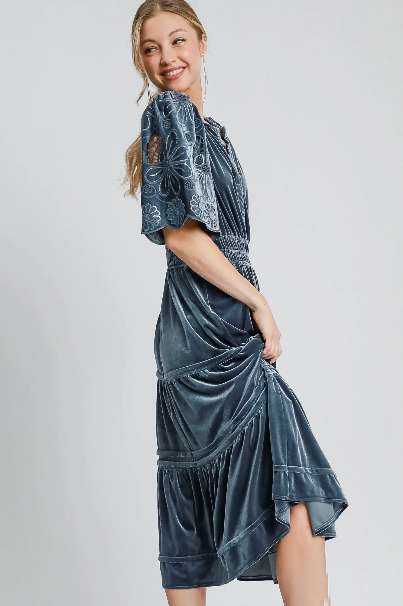 Umgee Solid Color Velvet Tiered Maxi Dress with Floral Lace Sleeves in Slate Blue