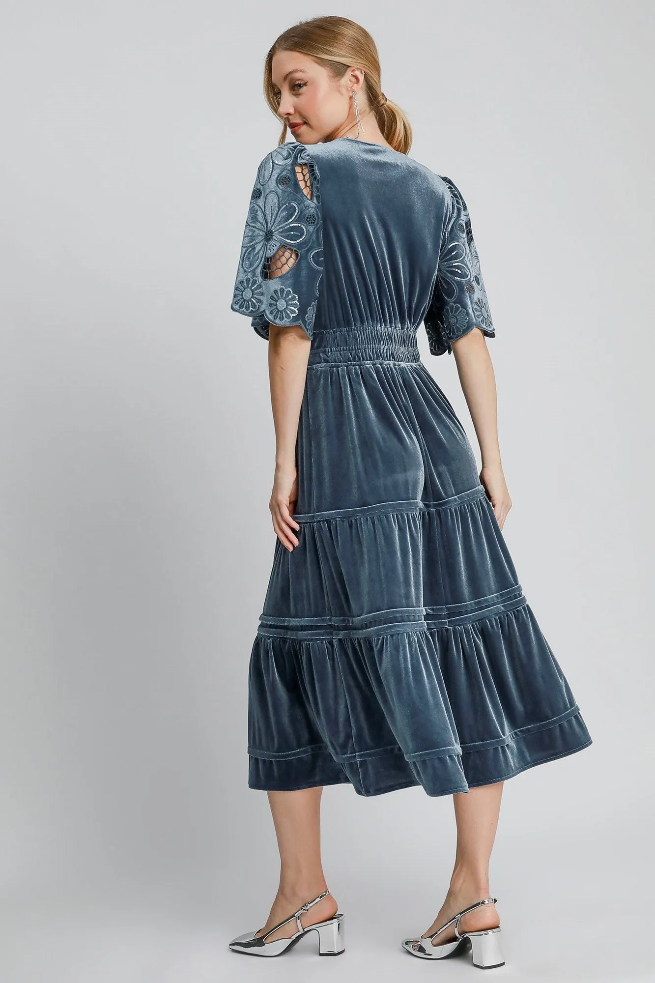 Umgee Solid Color Velvet Tiered Maxi Dress with Floral Lace Sleeves in Slate Blue