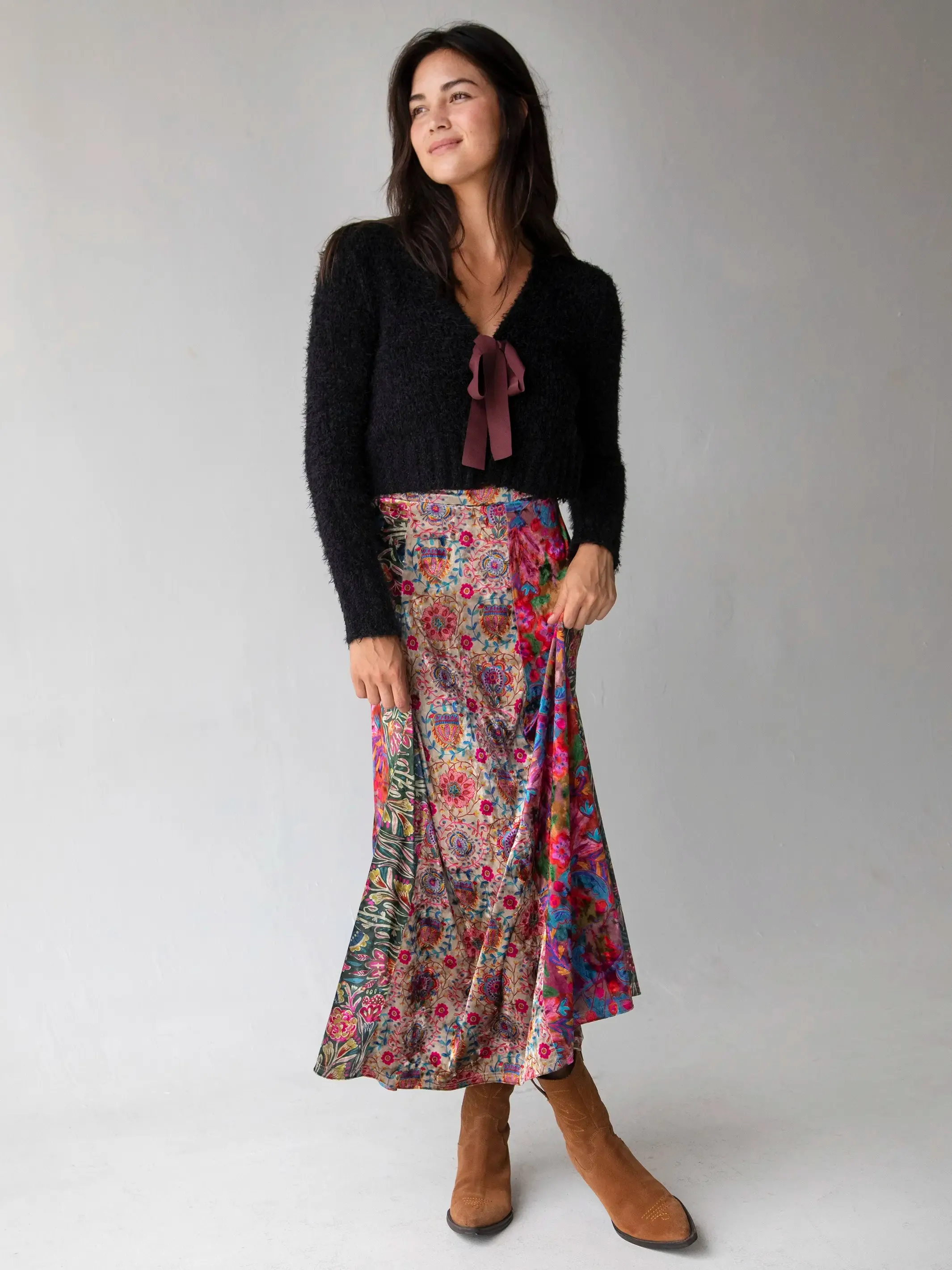 Valentina Velvet Maxi Skirt - Green Cream Red Mixed Floral