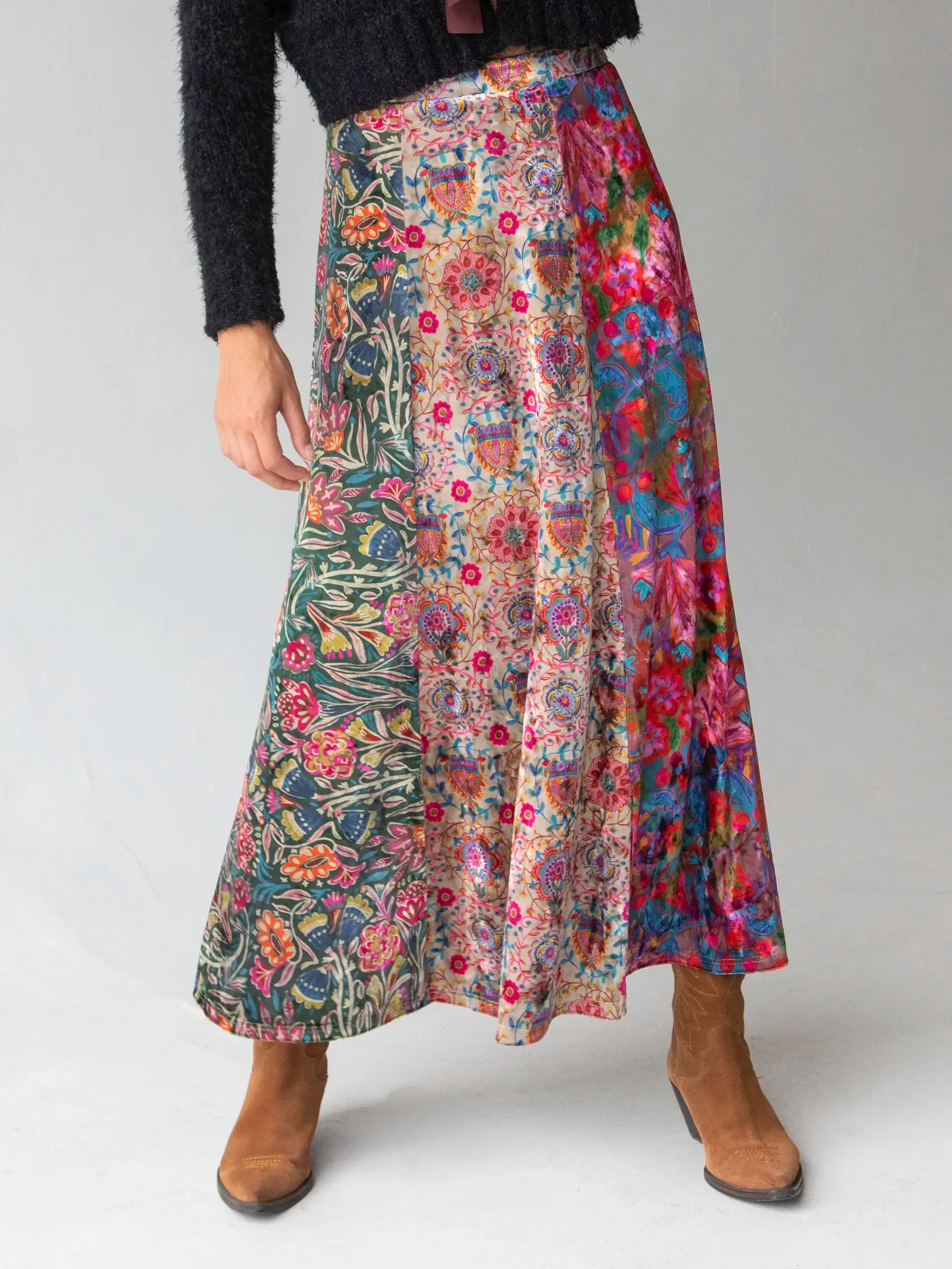 Valentina Velvet Maxi Skirt - Green Cream Red Mixed Floral