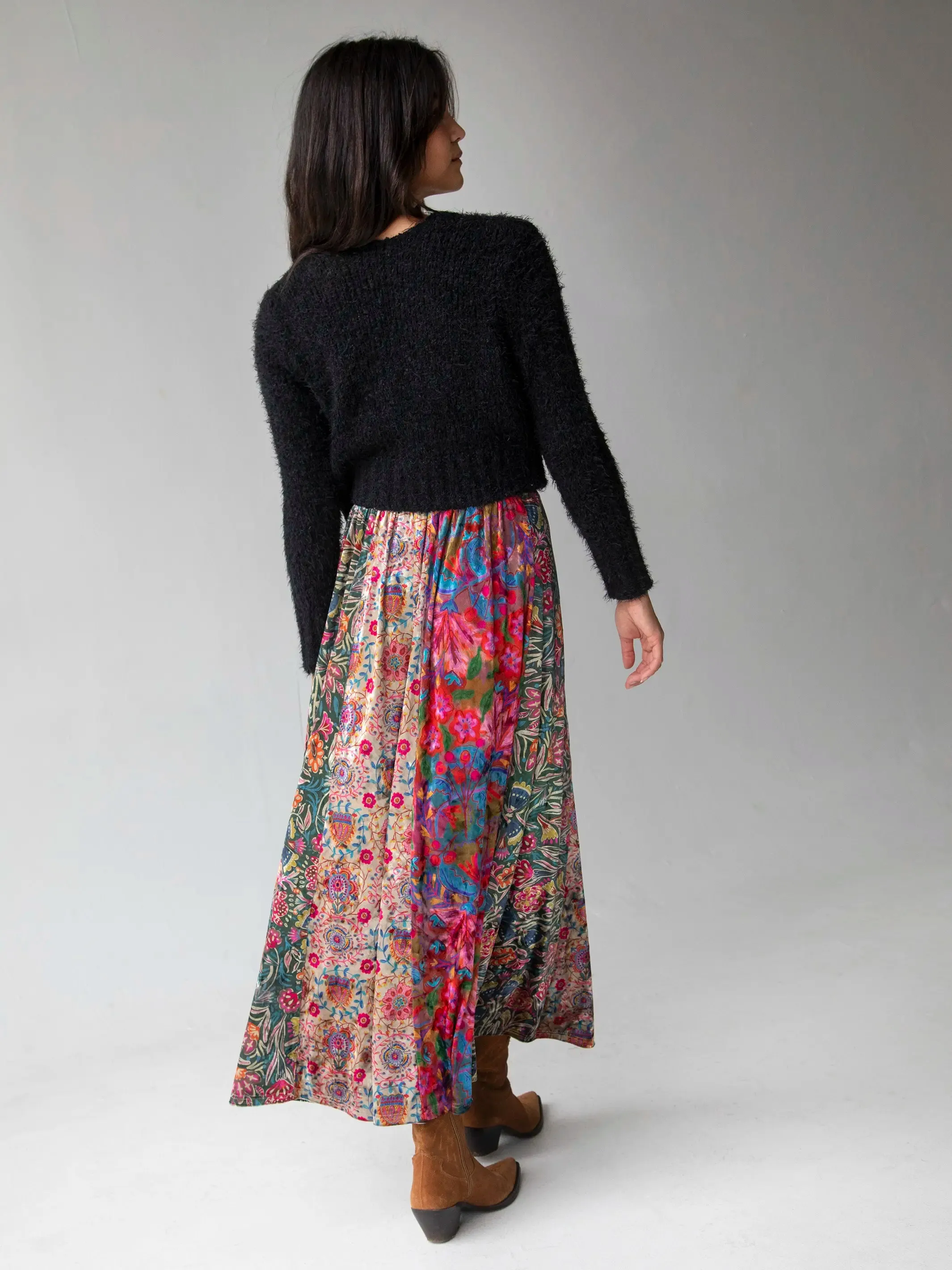 Valentina Velvet Maxi Skirt - Green Cream Red Mixed Floral