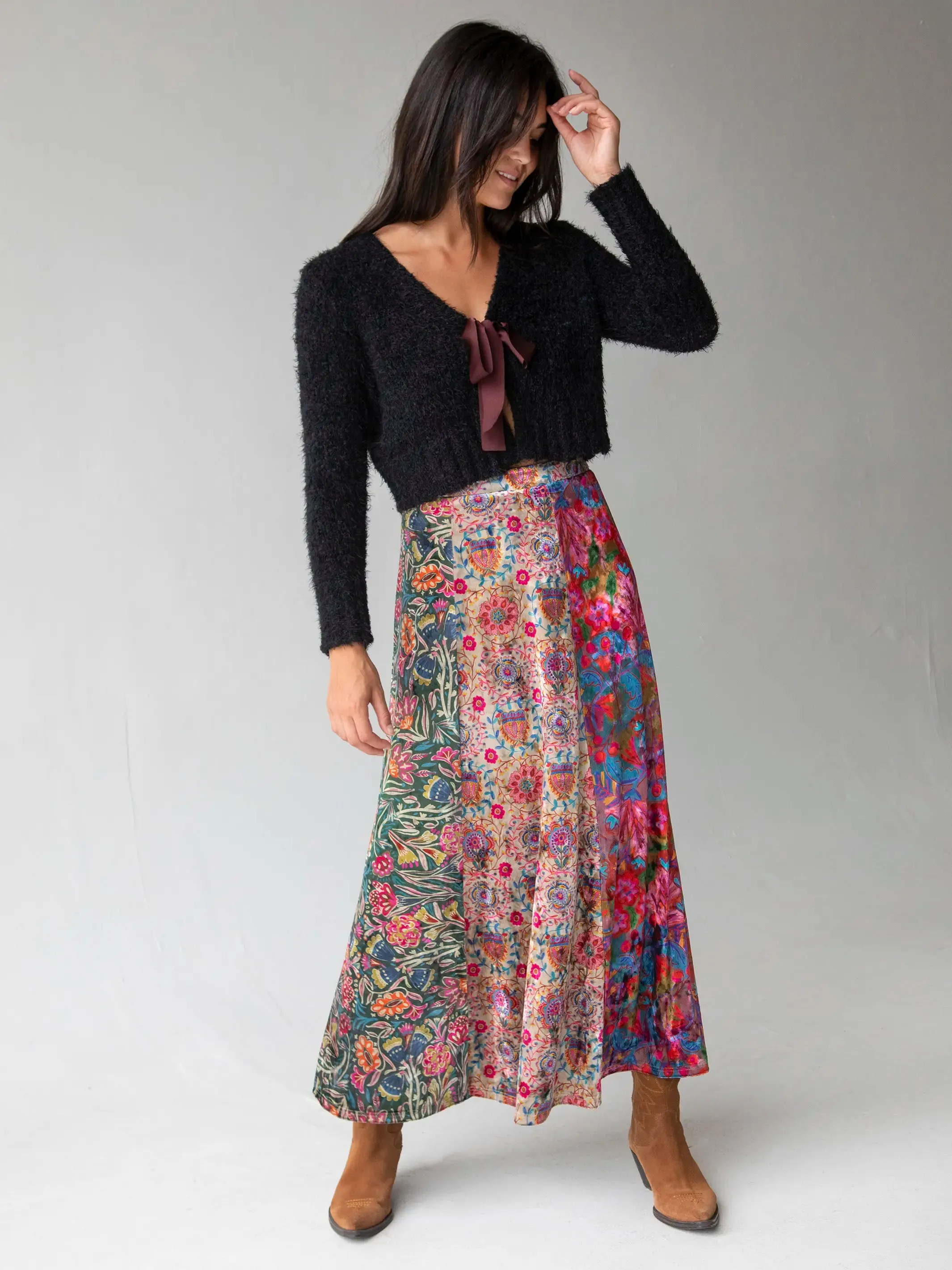 Valentina Velvet Maxi Skirt - Green Cream Red Mixed Floral