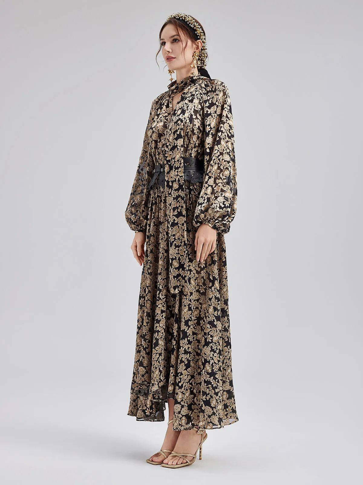 Velvet Jacquard Long Dress with Sequin Headband (No Belt)