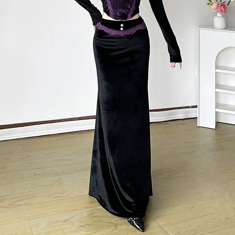 Velvet lace hem beaded maxi skirt