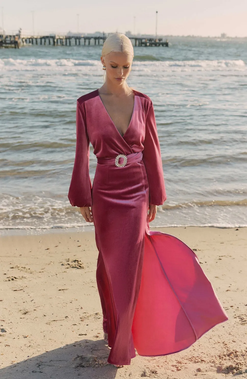 Velvet Long Sleeve Maxi - Cerise