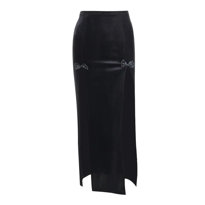 Velvet slit bowknot solid high rise maxi skirt