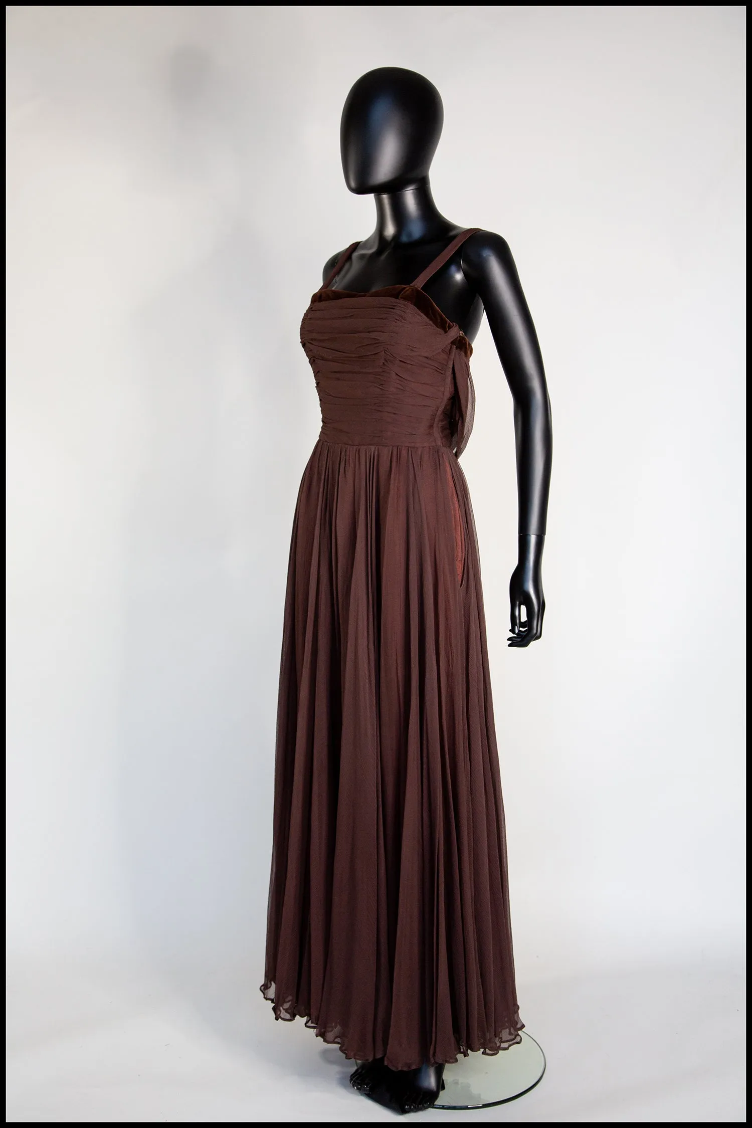 Vintage 1950s Dark Brown Silk Chiffon Maxi Dress