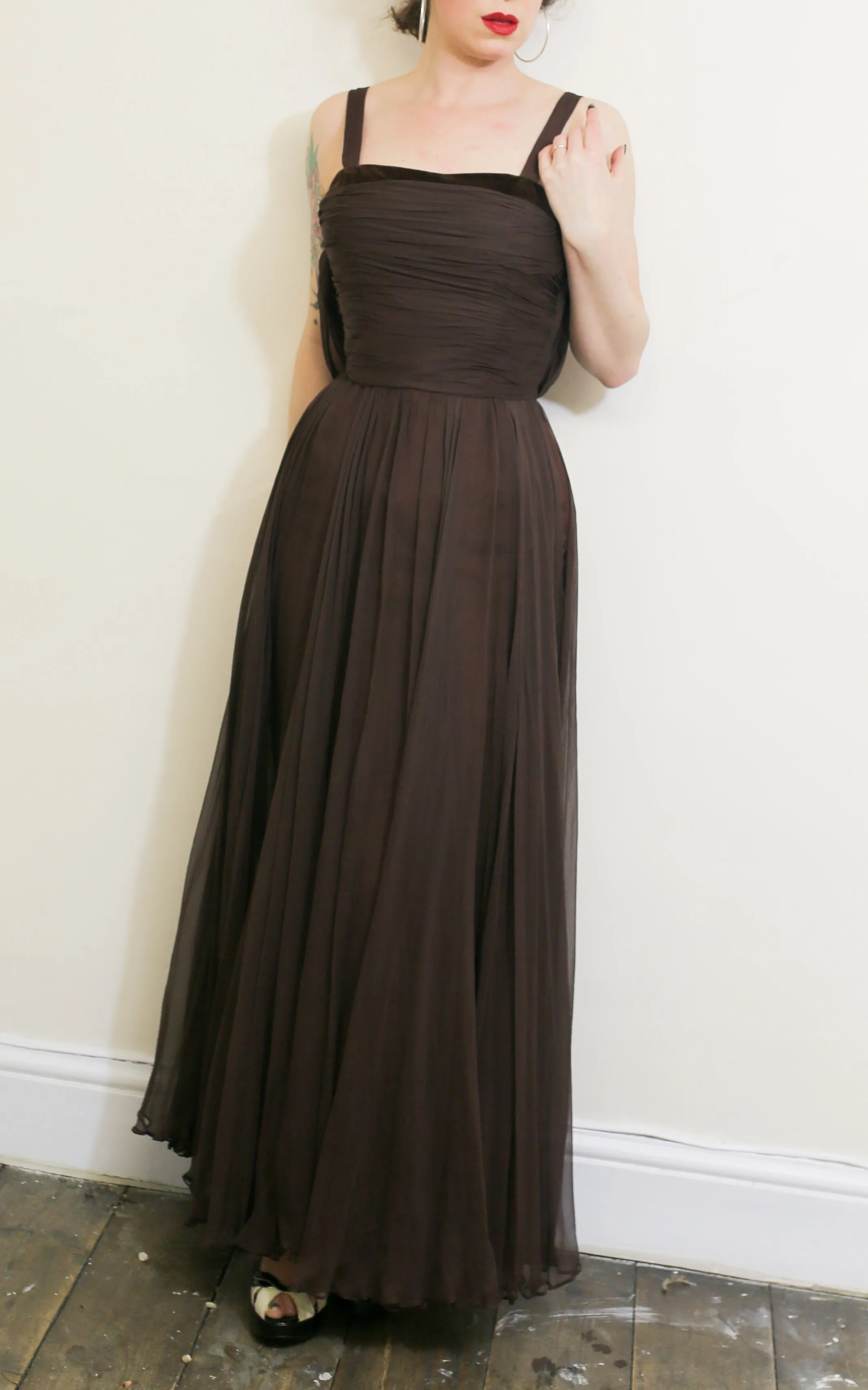 Vintage 1950s Dark Brown Silk Chiffon Maxi Dress