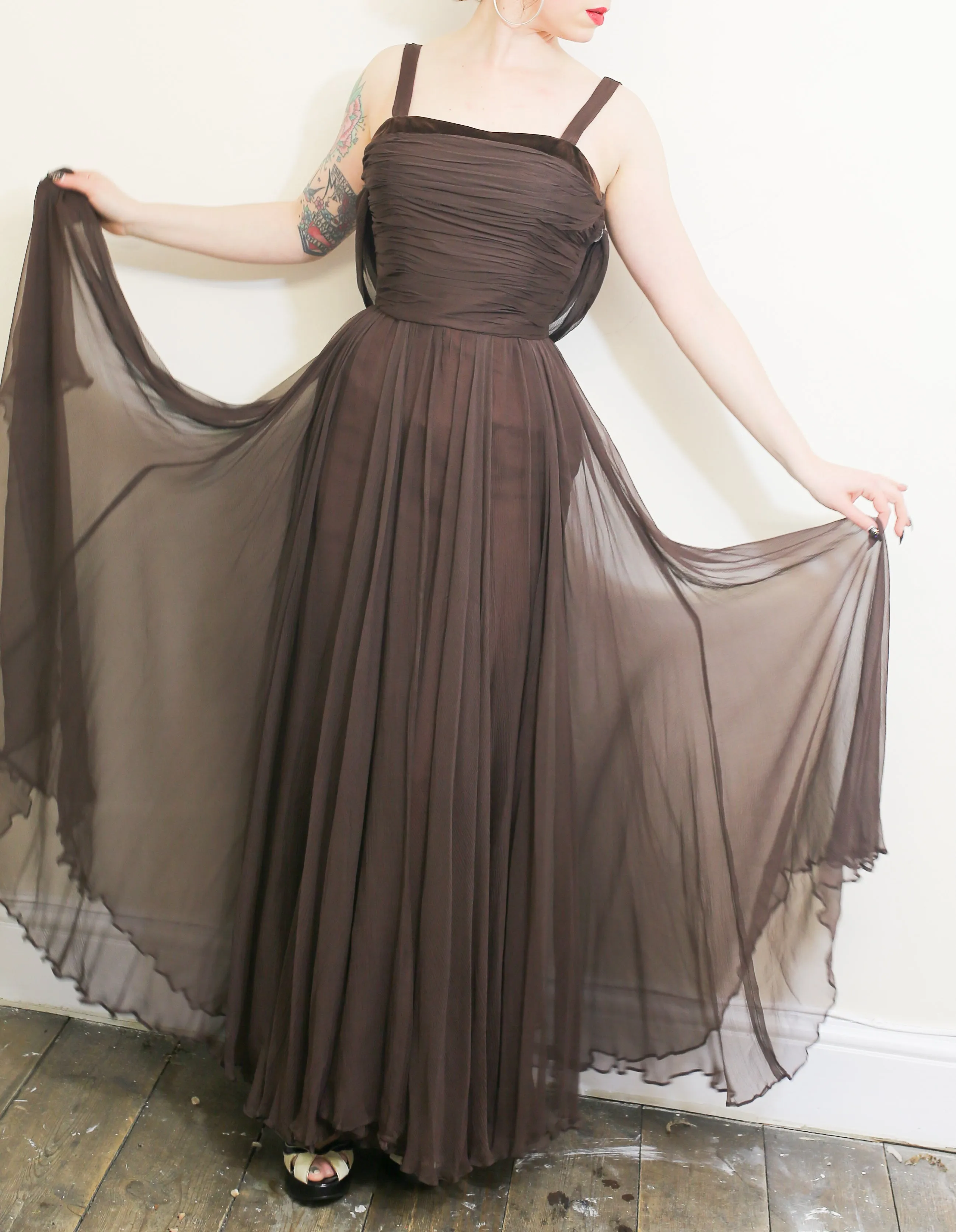 Vintage 1950s Dark Brown Silk Chiffon Maxi Dress