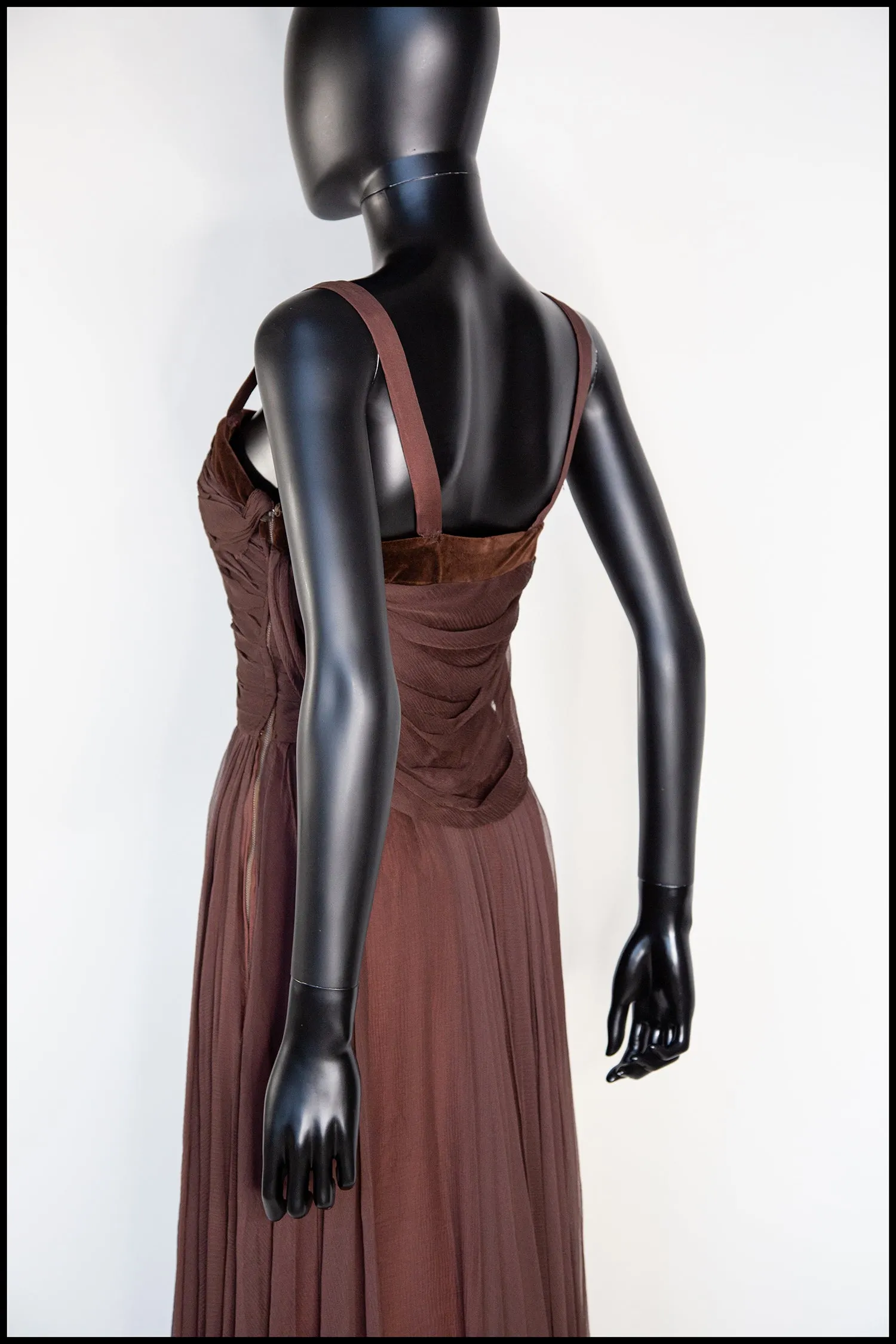 Vintage 1950s Dark Brown Silk Chiffon Maxi Dress