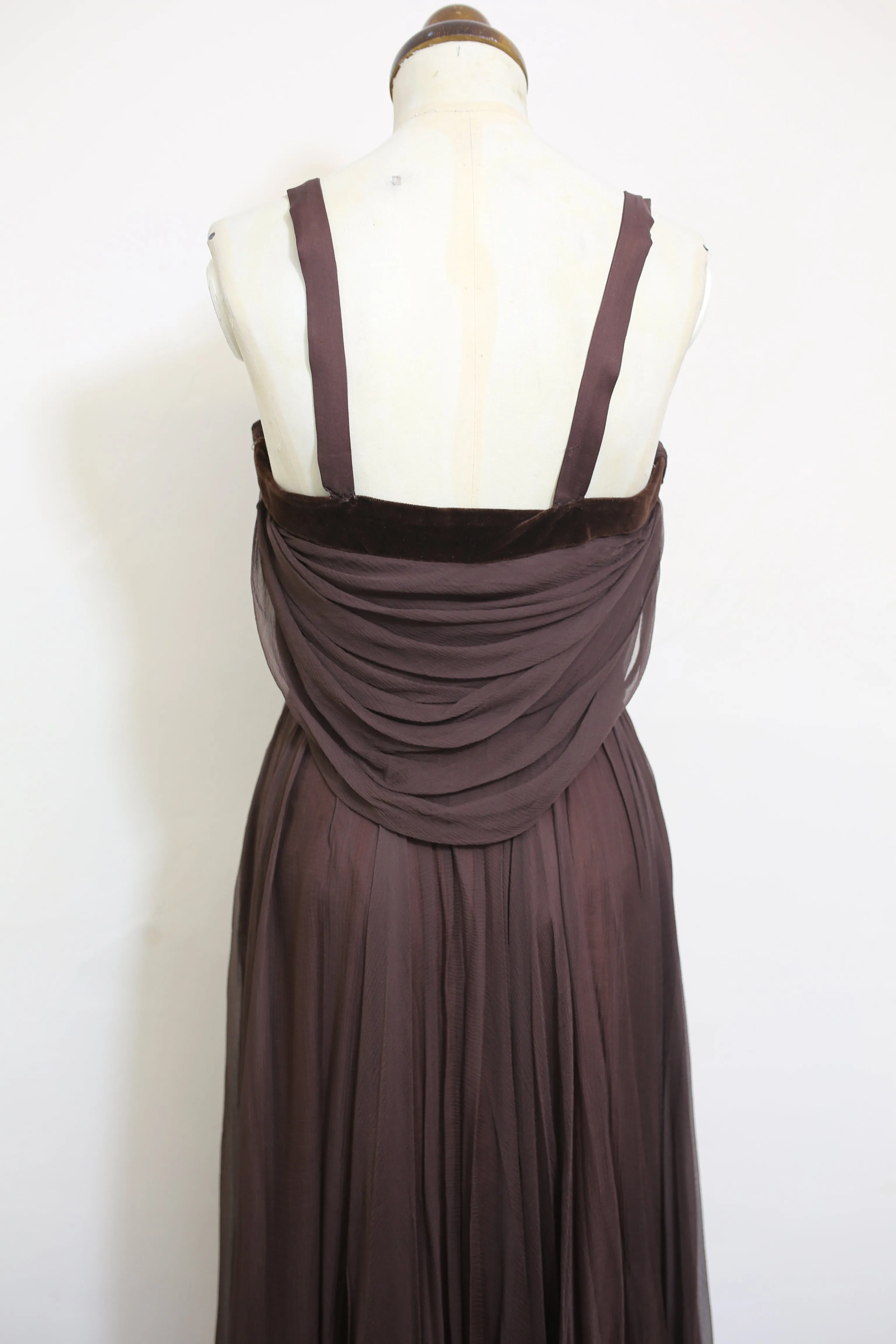 Vintage 1950s Dark Brown Silk Chiffon Maxi Dress