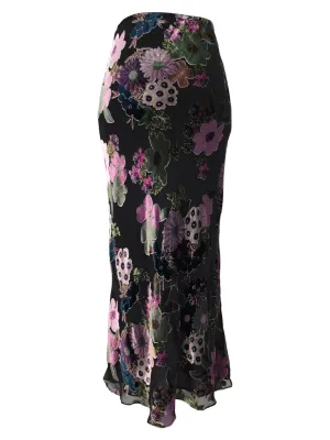 Vintage 2000s Y2K Chic Formal Black Pink & Purple Burnout Velvet Floral Patterned Floor Length Maxi Skirt