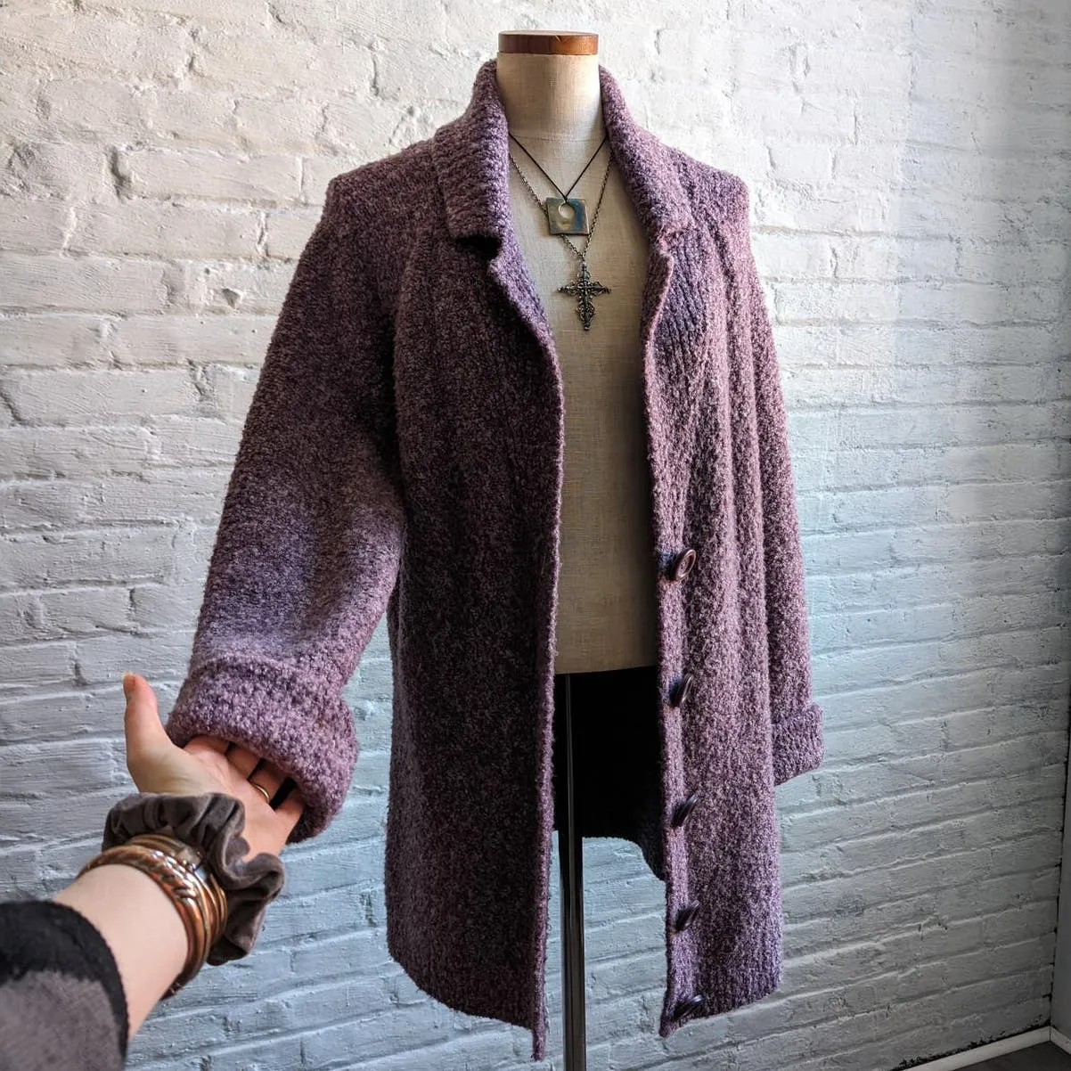 Vintage Purple Knit Long Wool Cardigan Shaggy Oversize Lavender Boho Sweater Top