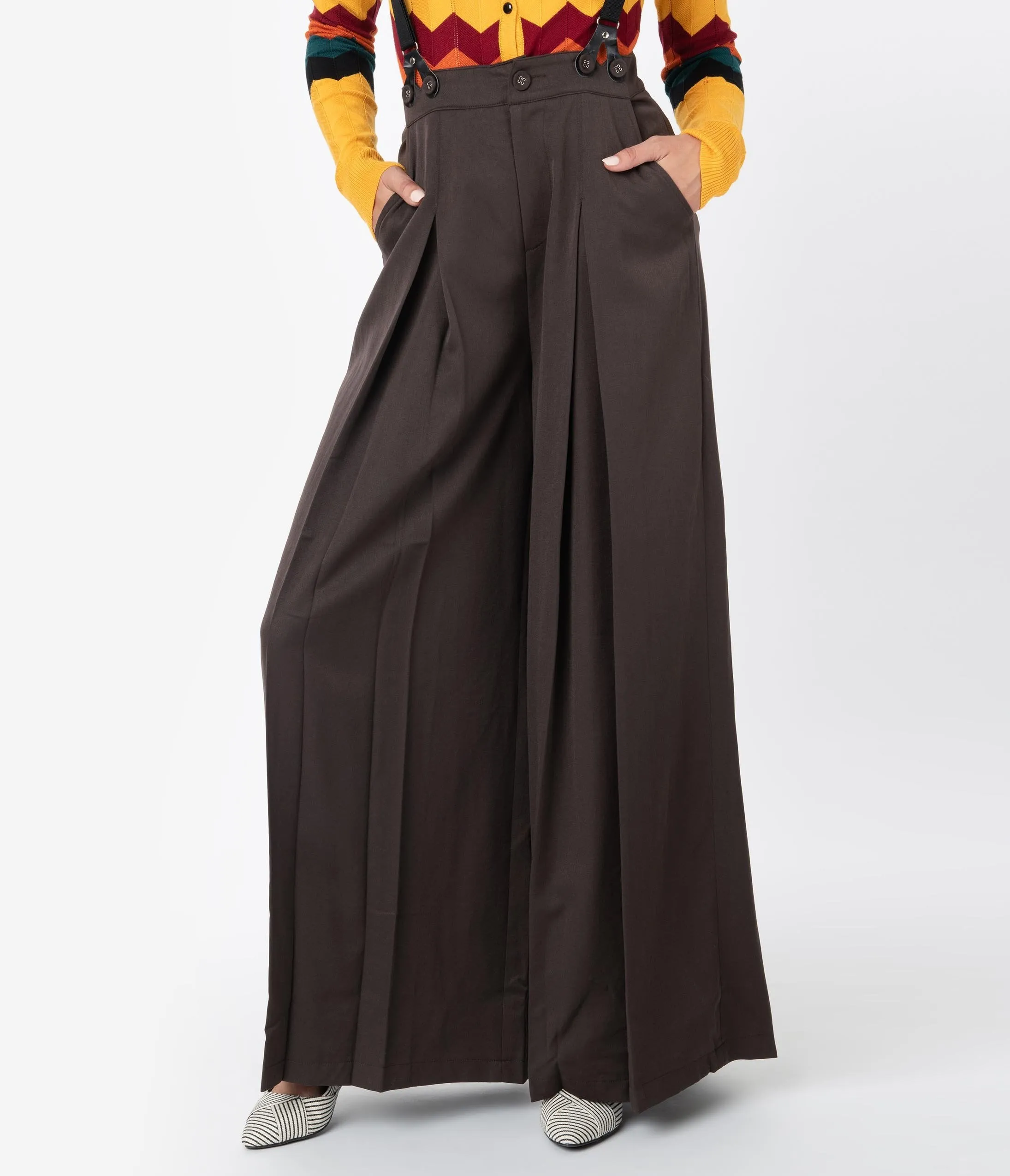 Voodoo Vixen 1940s Style Brown Wide Leg Pleated Suspender Trousers