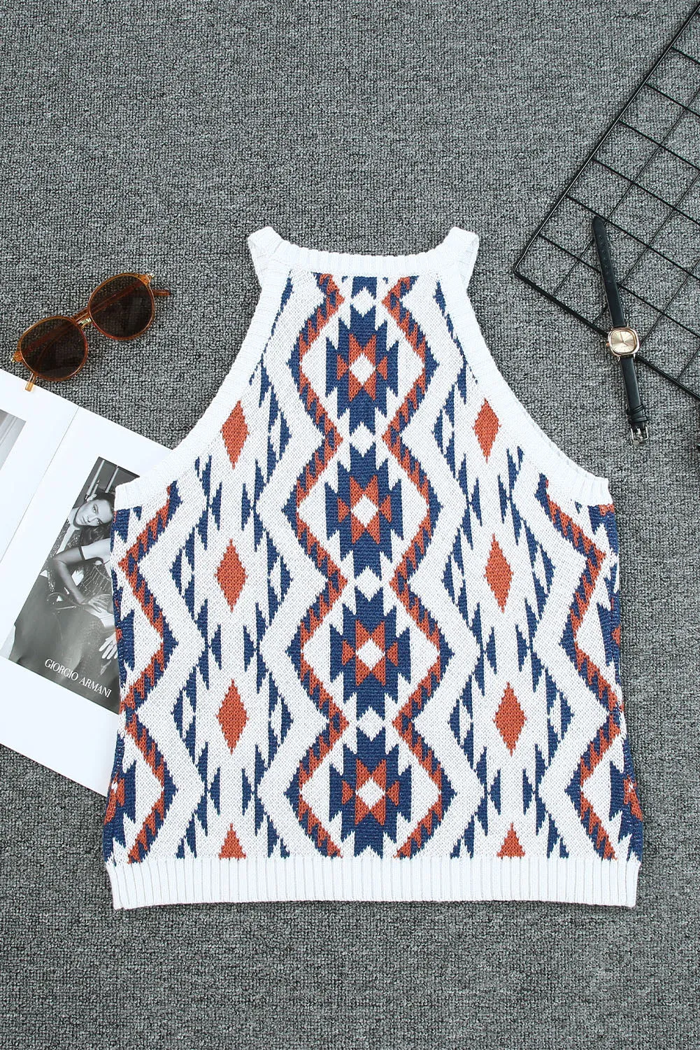 White Aztec Geometric Print Knitted Tank Top