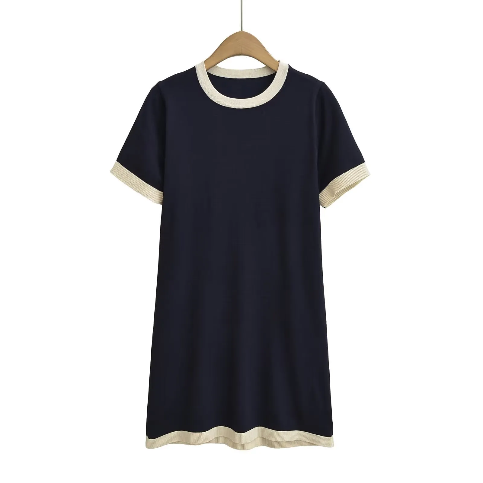 Women Contrast Color Trim Classic Round Neck T Shirt Shory Knitted Dress