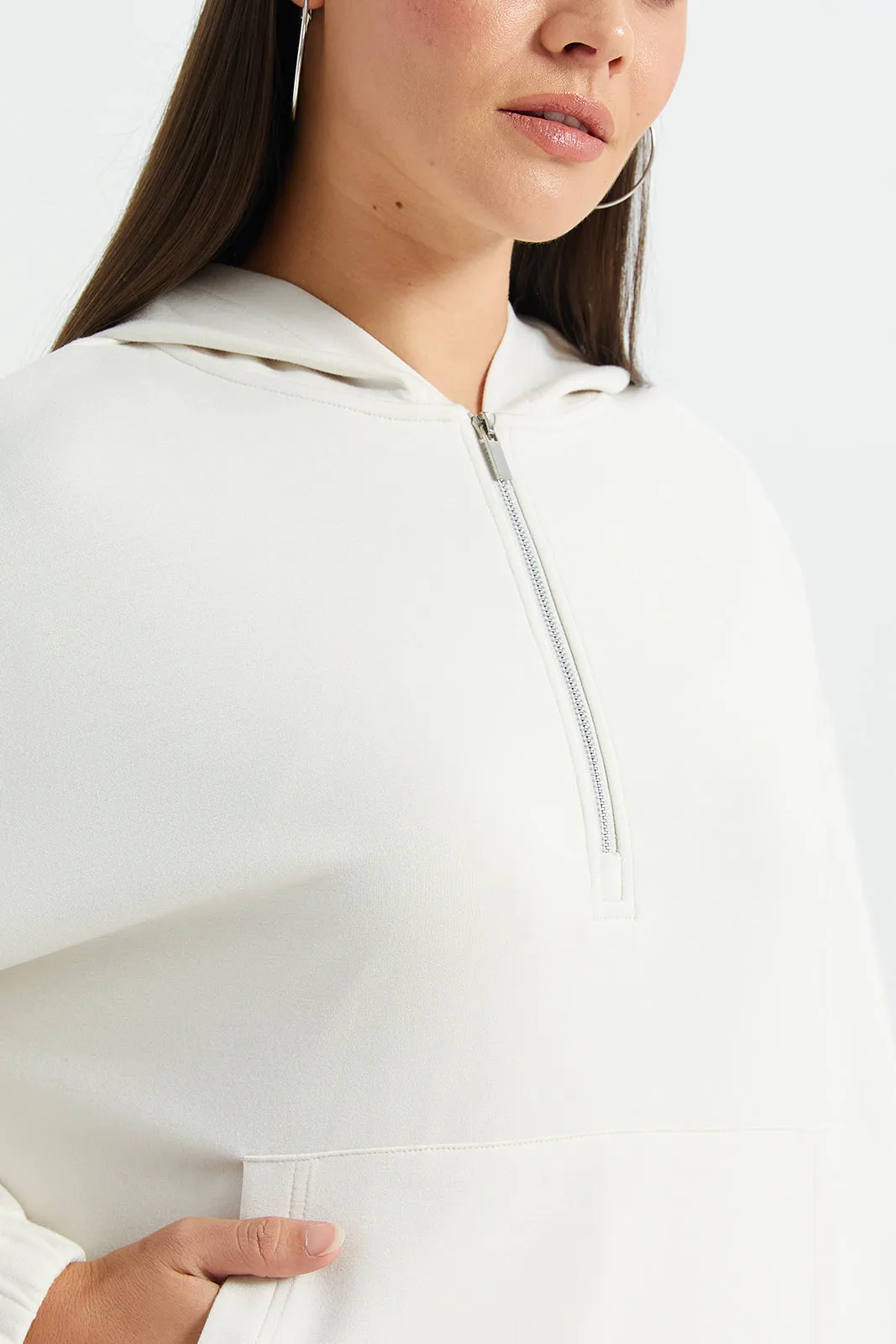 Women Ivory Hooded Sweatshirt With Puller Detail