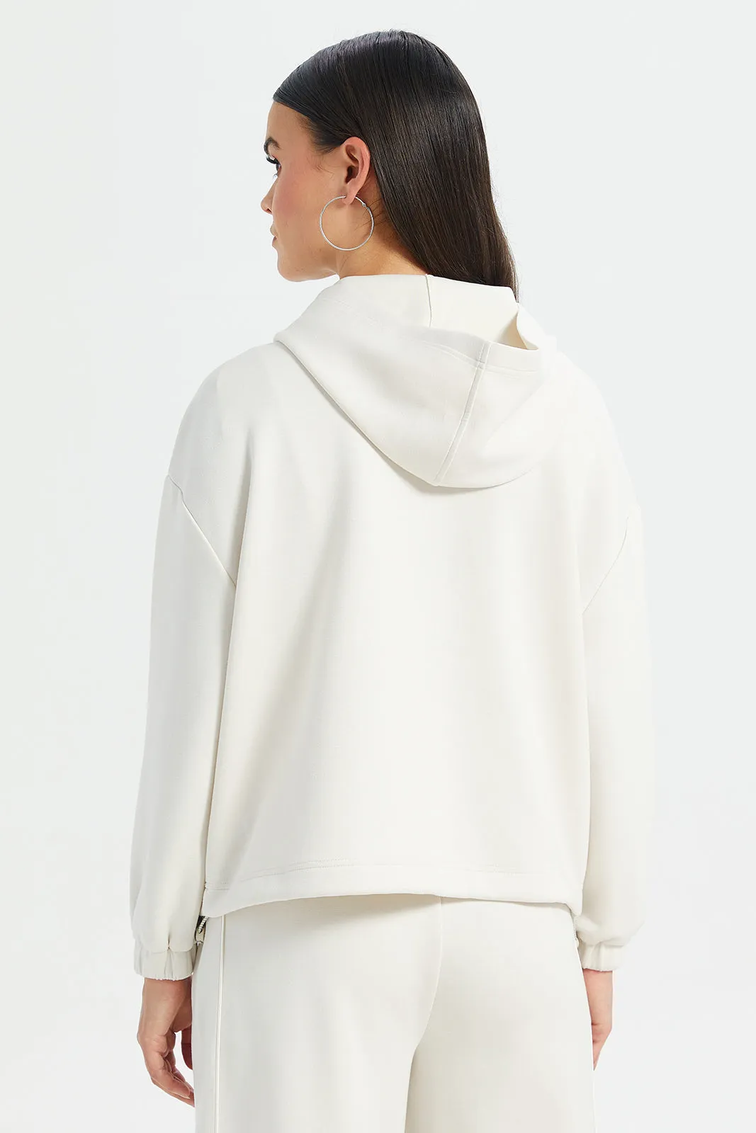 Women Ivory Hooded Sweatshirt With Puller Detail