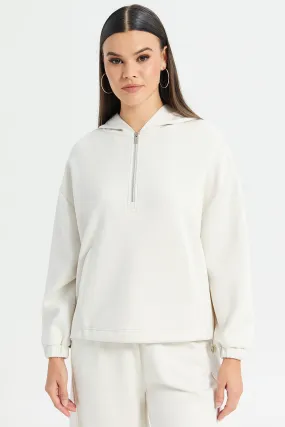 Women Ivory Hooded Sweatshirt With Puller Detail