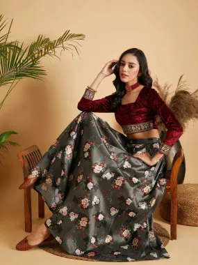 Women Olive Floral Skirt With Maroon Velvet Crop Top