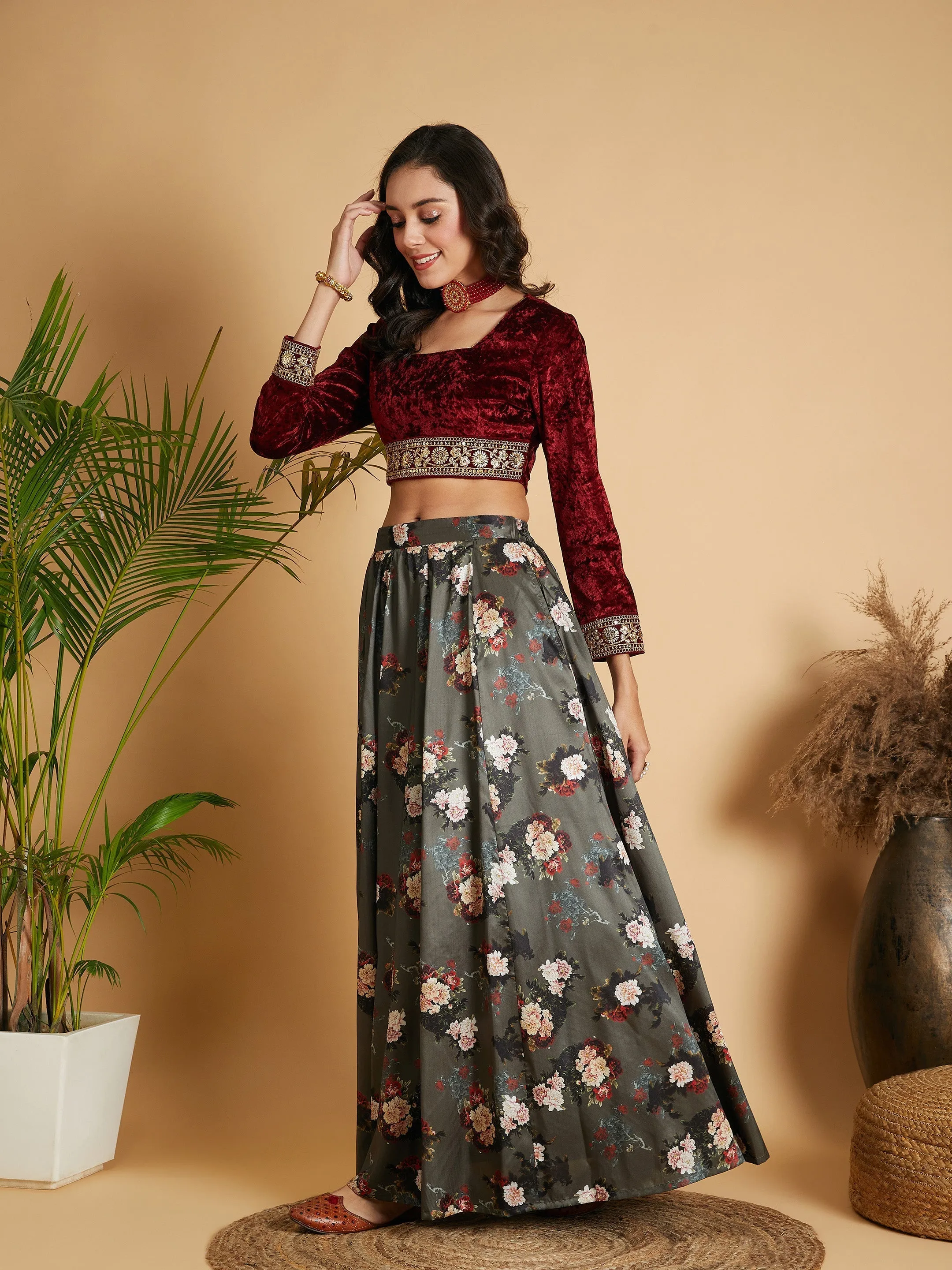 Women Olive Floral Skirt With Maroon Velvet Full Sleeves Crop Top