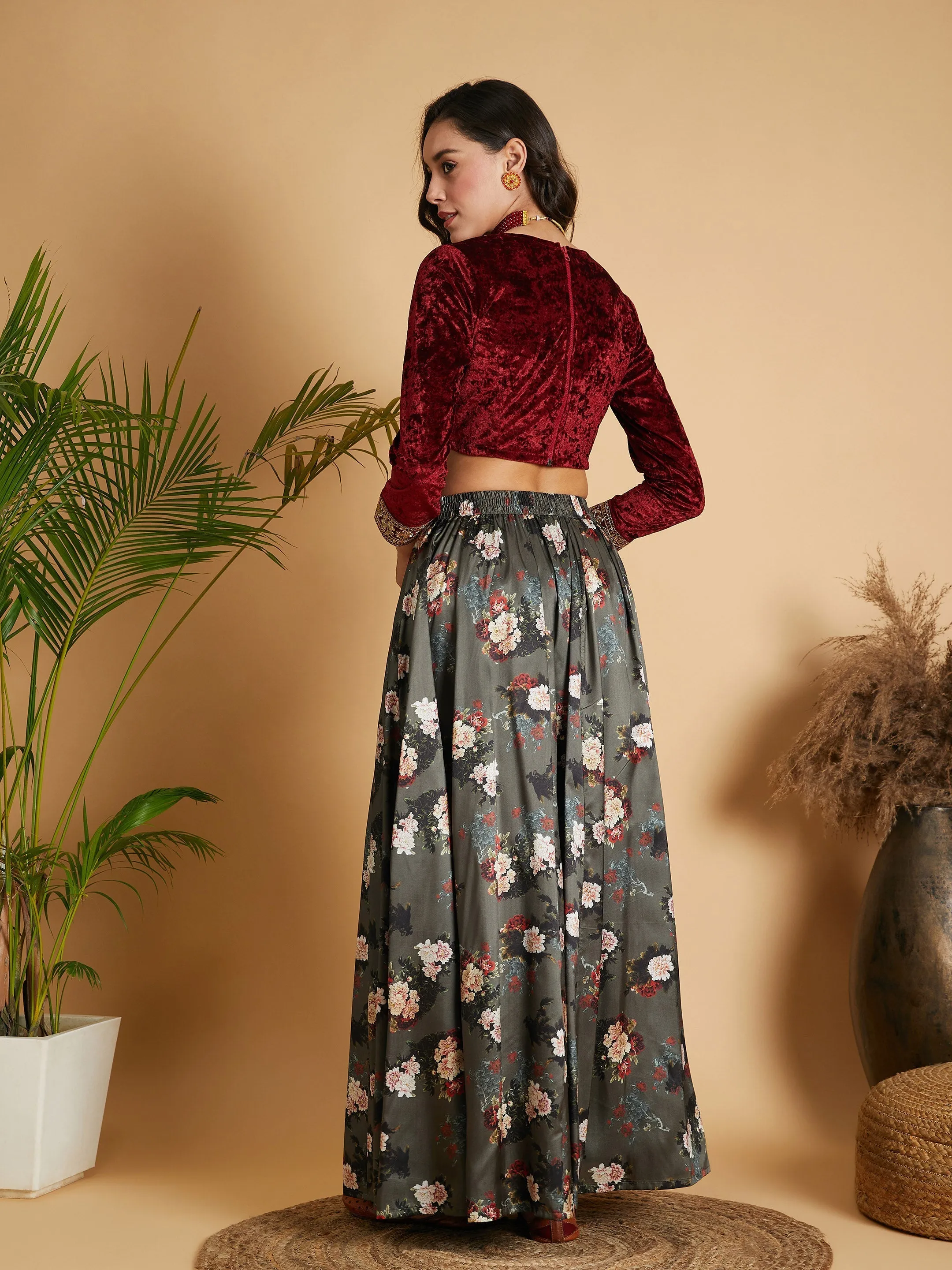 Women Olive Floral Skirt With Maroon Velvet Full Sleeves Crop Top