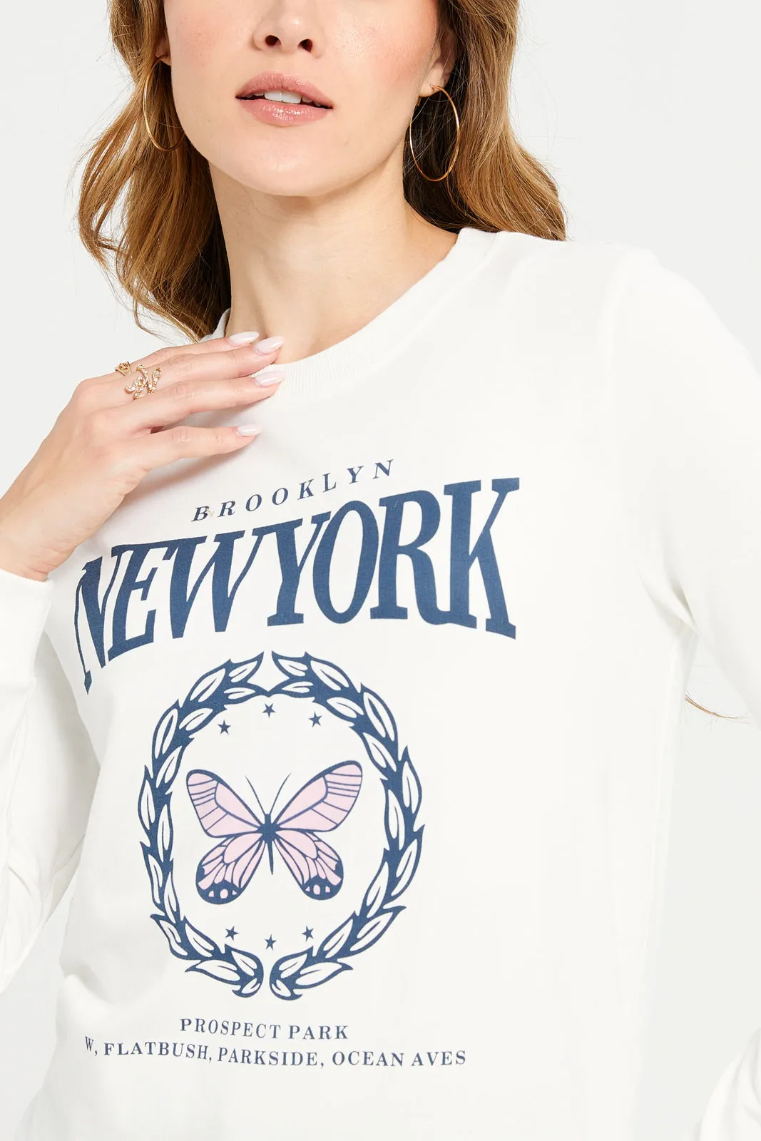 Women White New York Printed Sweatshirt