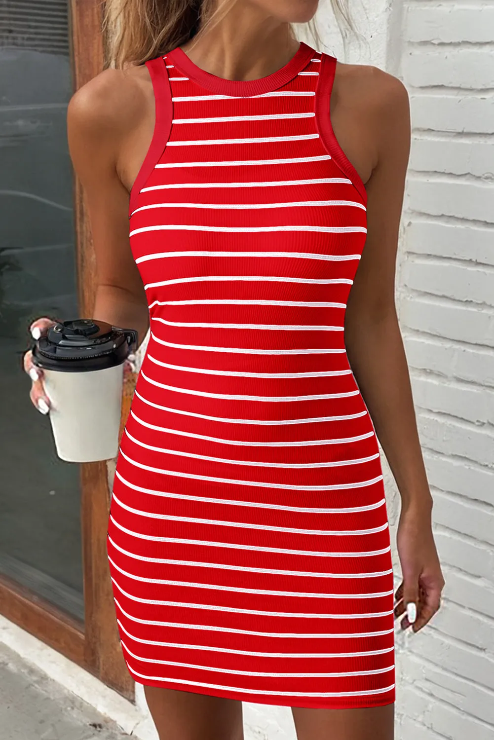 Womens Striped Print Halter Neck Bodycon Short Mini Dress